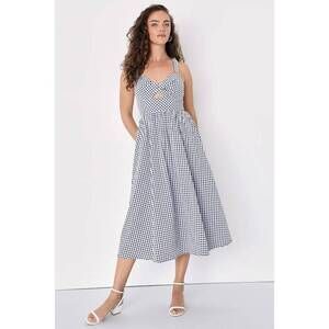 Lulus City Strolls Navy Blue Gingham Backless Twist-front Midi Dress - Size S